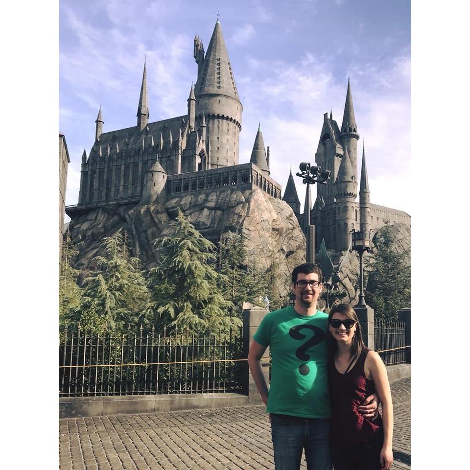 Visiting Harry Potter World in 2017! (We're proud to both not be Hufflepuffs.)