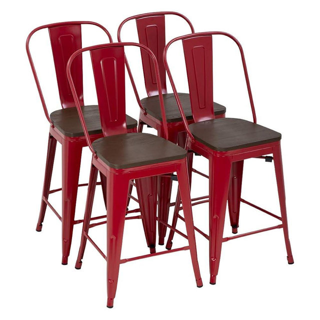 FDW Metal Bar Stool Set of 4 Counter Height Barstool with Back 24 Inches Seat Height Industrial Bar Chairs Patio Stool Stackable Modern Kitchen Stool Indoor Outdoor