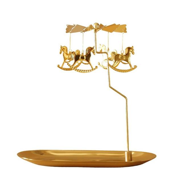 Creahaus Spinning Candle Holder with Tray, Glod Carousel Candle Spinner, Rotating Metal Tea Light Candle Holder for Table Centerpiece, Christmas, Valentine's Day, Party Decor, Gift (Gold Carousel)