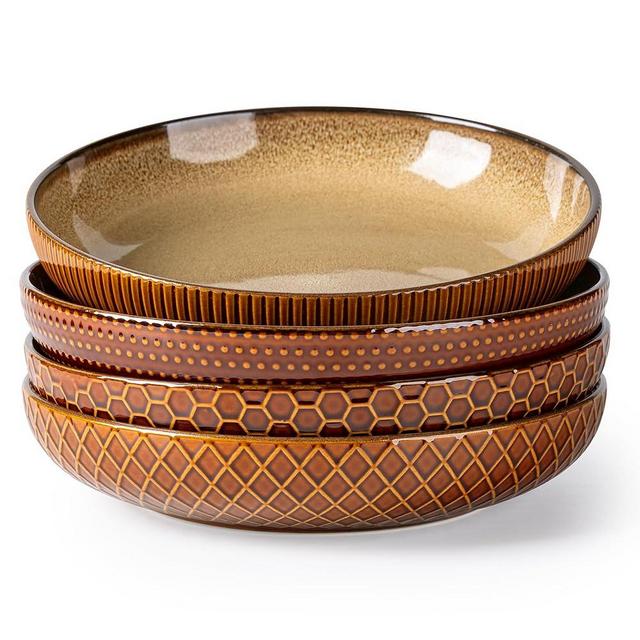 GBhome 9.5'' Large Pasta Bowls, 42 Ounce Stoneware Salad Bowls for Kitchen, Ceramic Serving Bowls With Textured Pattern for Pasta,Fruit, Stews,Noodle, House-warming Gift, Set of 4-Caramel