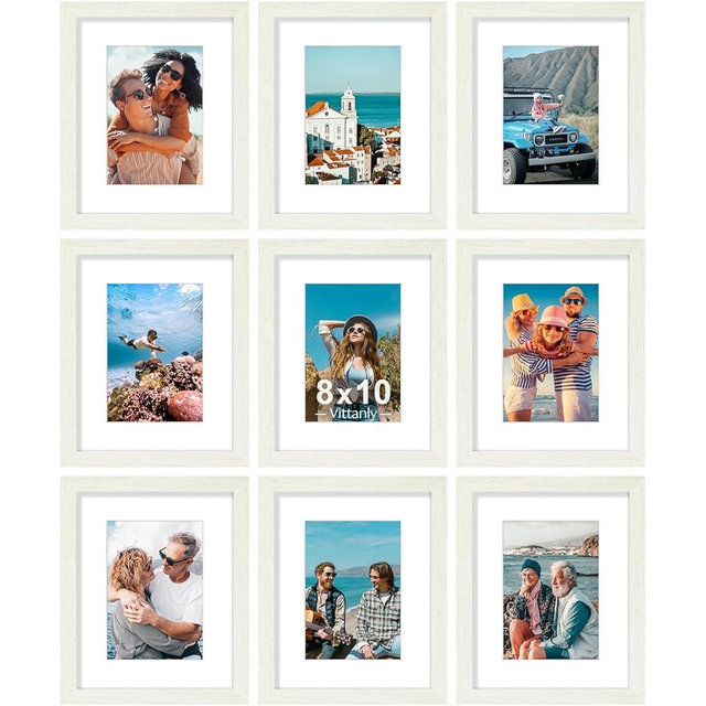Vittanly 8x10 Picture Frames Set of 9, Shatter Resistant Plexiglass, Display 5x7 Pictures with Mat or 8x10 without Mat, Photo Frames for Wall or Tabletop, Engineered Wood, Whitemist