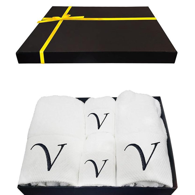 Luxury Monogrammed Towels Set - 4 Pack Soft Cotton Bath and Hand Towel Set - White Bath Towels for Hotel, Spa, Gym & Beach - Gifts for Men, Women, and Kids (Initial V, 4 Pack Gift Packaging)