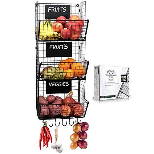 Stylish Kitchen Hanging Fruit And Vegetable Storage Baskets with Chalkboards - Perfect for Your Potatoes and Onions - Amazing Wire Wall Mount System Saves Space while Enhancing your Home