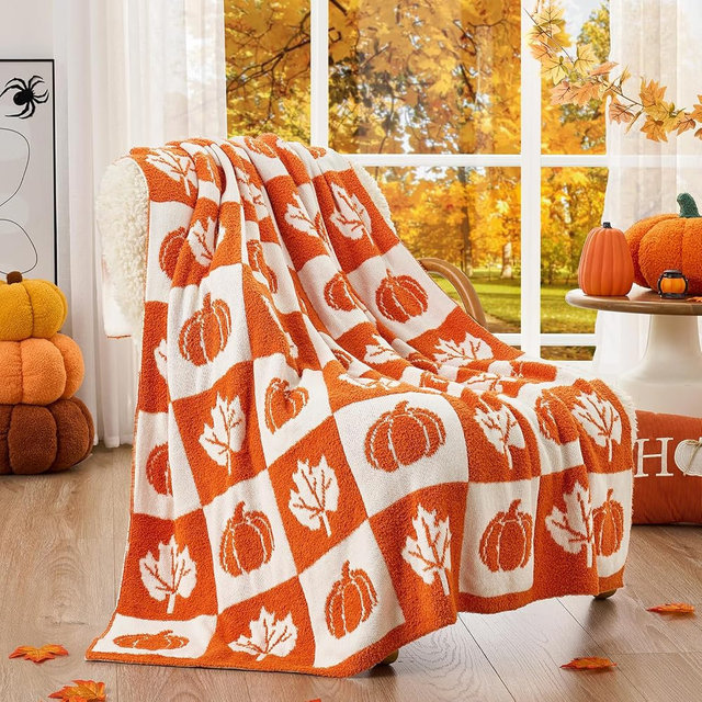 Snuggle Sac Fall Checkered Blanket Orange Pumpkin Maple Leaf Throw Blanket for Couch,Halloween Soft Cozy Luxury Decoration Blanket for Sofa Bed Living Room,50×60 inches