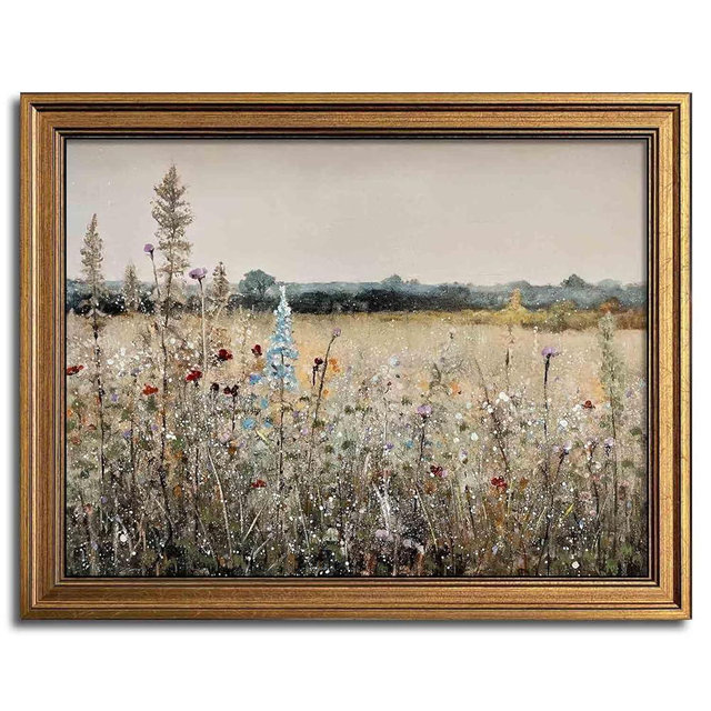 Gold Framed Vintage Wall Art Classical French Landscape Wildflowers Botanical Painting Canvas Print Kitchen Living Room Wall Decor (Champ Fleuri, 16''x20'')