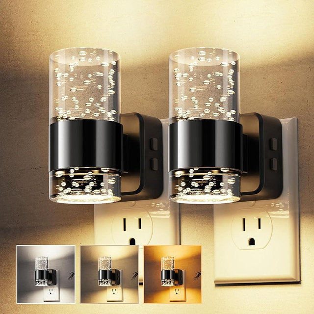 L LOHAS LED Night Lights Plug into Wall 2 Pack, Dimmable Night Light with Dusk-to-Dawn Sensor, Cool White/Soft White/Amber 3 Color Light, Adjustable Brightness, Bubble Nightlight with Rotatable Plug