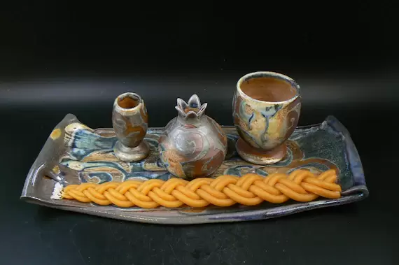 Ceramic Havdalah Set, Wood and Soda Fired Thrown Handmade Pottery