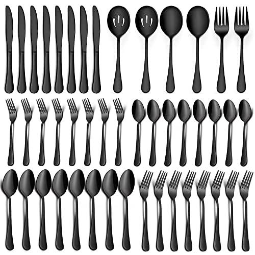 LIANYU 46-Piece Black Silverware Set with Serving Utensils, Stainless Steel Black Silverware Flatware Set for 8, Elegant Cutlery Tableware Includes Forks Spoons Knives, Mirror Polished