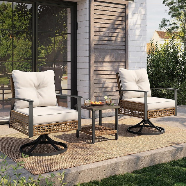 LAUSAINT HOME 3 Pieces Outdoor Swivel Rocker Patio Chairs, Wicker Patio Bistro Set with 2 Rocking Chairs and 1 Coffee Table, Patio Furniture Set with Thickened Cushions for Porch, Backyard (Beige)