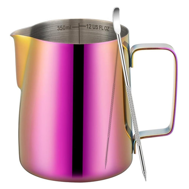 Amrules Milk Frothing Pitcher, 12 oz Milk Frother Cup with Clear Scale, 304 Stainless Steel Cappuccino Espresso Machine Accessories for Barista Coffee Bar with Latte Art Pen, Multipurple