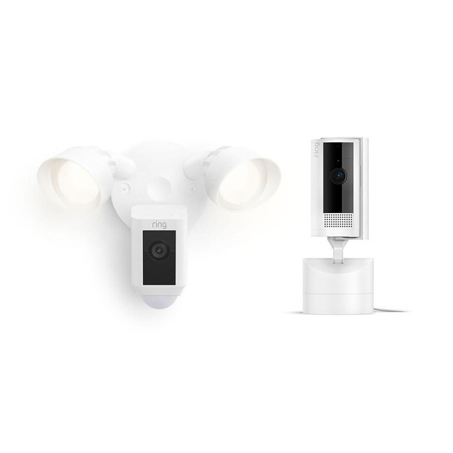 Ring Pan-Tilt Indoor Cam, White with Ring Floodlight Cam Wired Plus, White