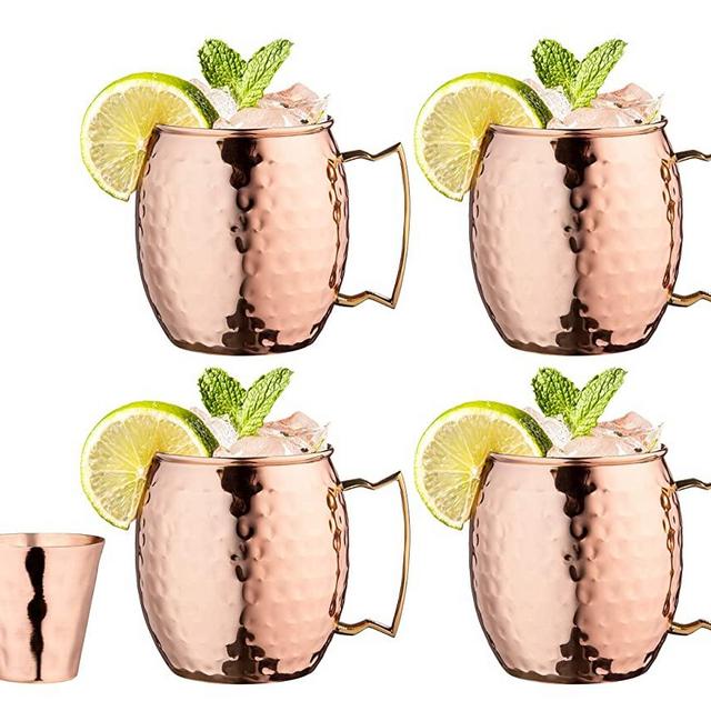Royalty Art Moscow Mule Mugs, with shot glass, copper mugs (4-Pack) Handles Classic Drinking Cup Set Home, Kitchen, Bar Drinkware Helps Keep Drinks Colder, Longer Food-Grade Safe Lining (100% Copper)