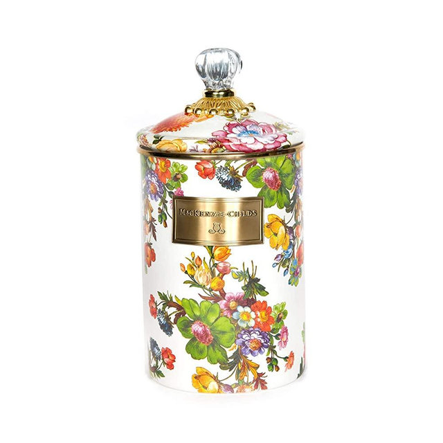 MacKenzie-Childs Flower Market Canister, Sugar, Coffee or Flour Container with Lid, Floral Kitchen Canister, White, Large