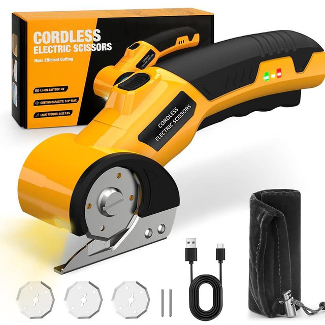 Cordless Electric Scissors,4V Rechargeable Cardboard Cutter Heavy Duty Scissor with Safety Lock & LED Light for Box Carpet Plastic Fabric(Yellow）