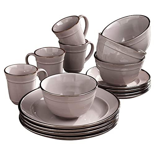 Elle Décor Lucienne Casual Round Dinnerware Set – 16-Piece Stoneware Party Collection w/ 4 Dinner Salad Plates, 4 Bowls & 4 Mugs-Unique Gift Idea, 10.75", Gray