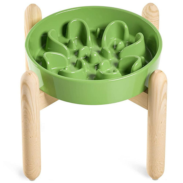 LE TAUCI Ceramic Slow Feeder Dog Bowls Elevated for Small and Medium Breed, Dog Bowls with Wooden Stand, 1.5 Cups Dog Dishes to Slow Down Eating, Anti-Gulping Pet Feeding Dishes, Clover Green