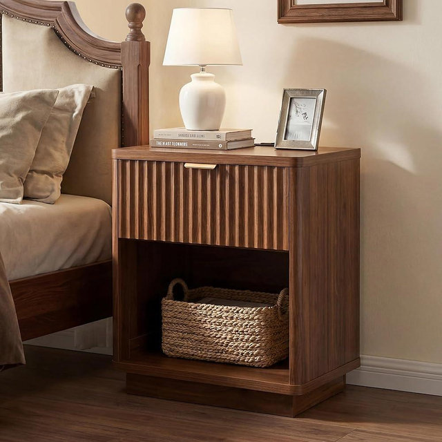 Nasonet Fluted Nightstand with Charging Station, Wood Modern Night Stands Storage Cabinet for Bedroom, Walnut Bedside Table with Drawers