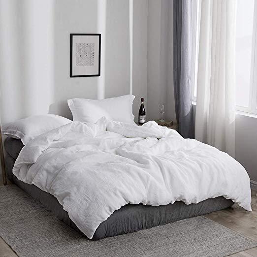 Simple&Opulence 100% Linen Duvet Cover Set 3pcs Stone Washed Natural Belgian Flax Basic Style Solid Color French Bedding (King, White)