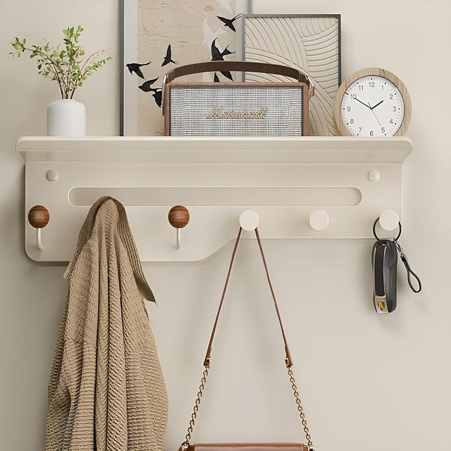 Nolbiph Coat Rack Wall Mount with Shelf, Wall Hooks with Storage,Towel Racks for Bathroom,Shelf with Hooks for Entryway,Living Room,Bedroom, Modern Design (01-Cream White/6Hooks(17"))