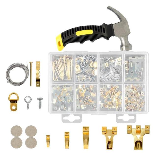 252pcs Multifunction Picture Hanging Kit Stubby Claw Hammer Heavy Duty Frame Hanging Ring Hooks Nails Wire Screw Eyes DRing Bubble Level Sawtooth Wall