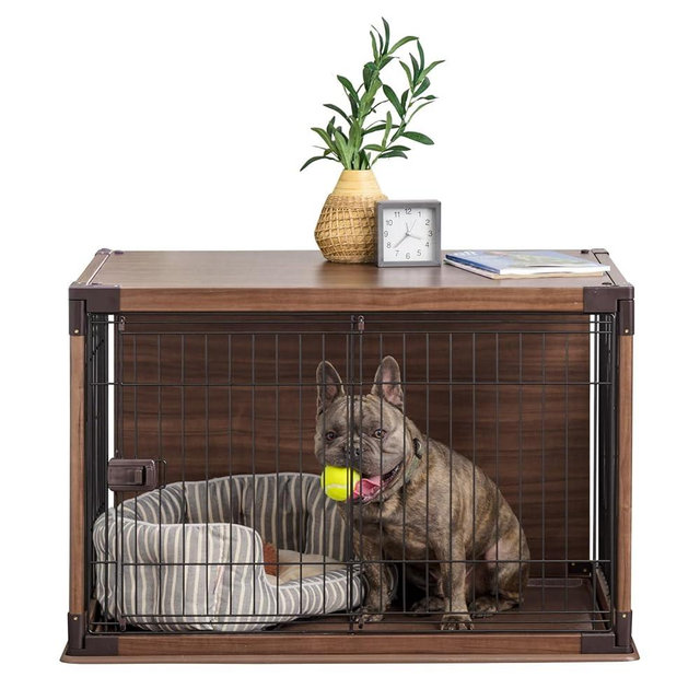 IRIS USA Modern Wooden Dog Crate – Stylish Furniture-Style Indoor Kennel & End Table for Small to Medium Dogs, Secure Enclosed Pet Cage with Sliding Door, Dark Brown