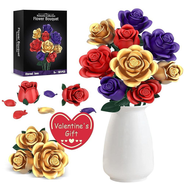 Rose Bouquet Flowers Building Set, 501Pcs Red Purple Golden Roses Artificial Flowers Botanical Collection Compatible with Lego Flowers Home Office Table Decor Gifts for Her/Mom/Girlfriend/Wife/Couple