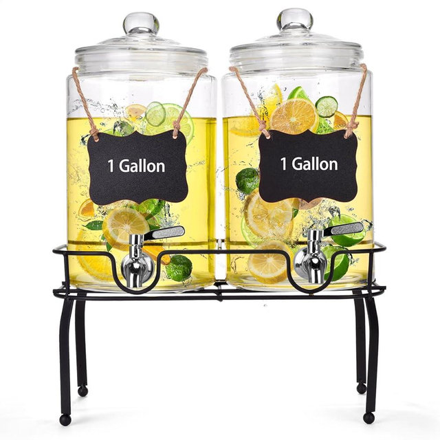 1 Gallon Glass Drink Dispenser Set of 2, Drink Dispensers for Parties, Beverage Dispenser with Stand, Glass Lid, 100% Leakproof Spigot, Ideal for Lemonade, Juice, Iced Tea, Laundry Detergent Dispenser
