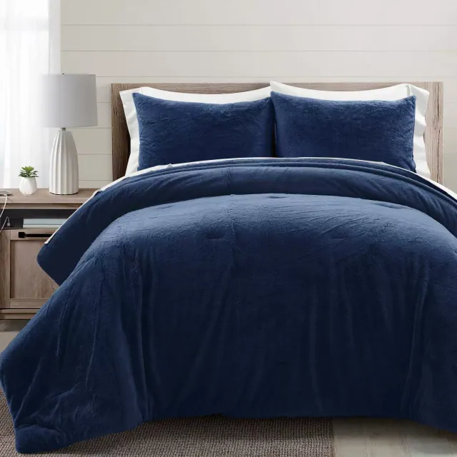 Lush Décor 7pc Queen Modern Ultra Soft Faux Fur Light Weight All Season Comforter Bedding Set Navy Blue