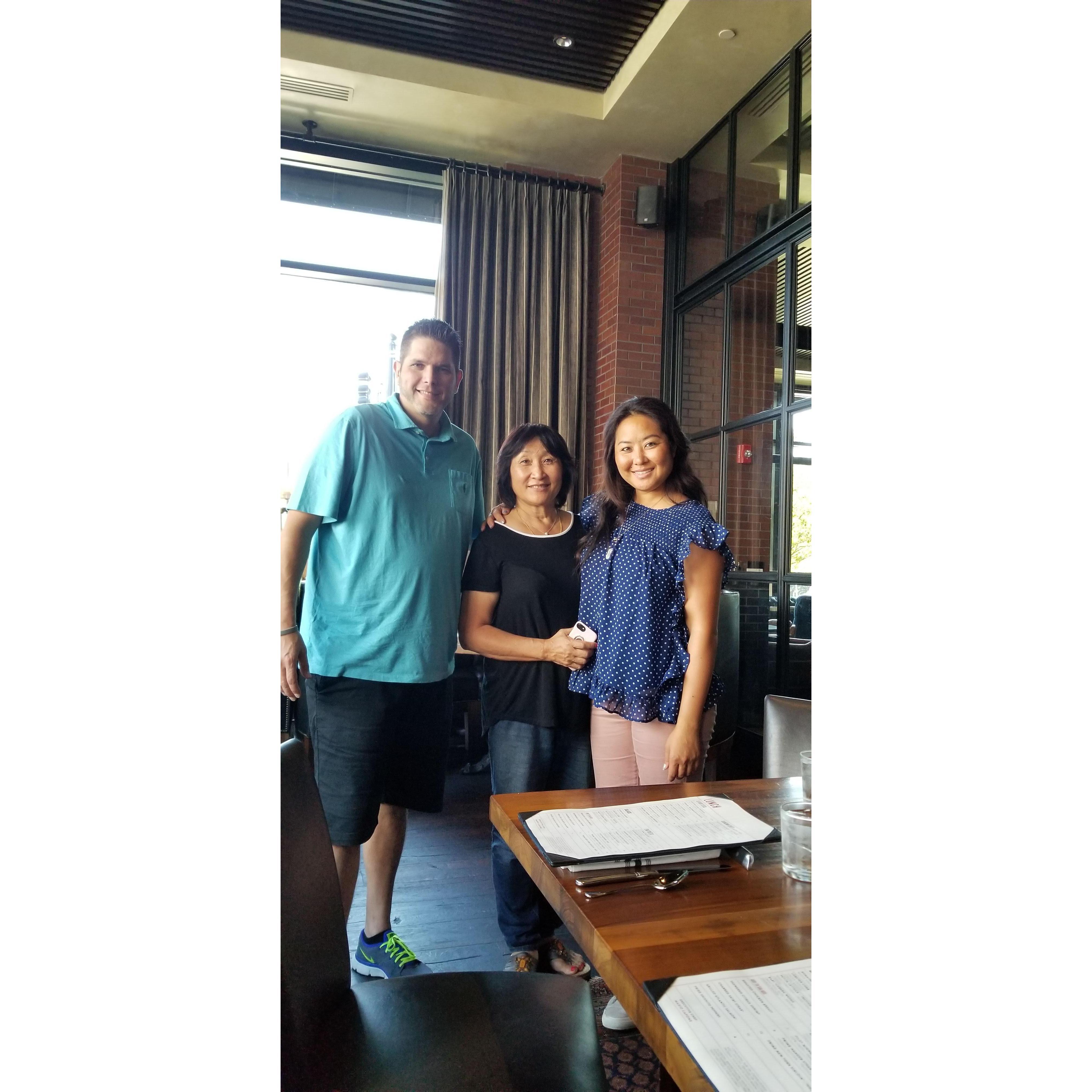 At Bancroft Steak Restaurant with Angela's Godmother Juping Tomazic. Trent's first trip to Boston, Lunch with Aunt Julia and extended family.