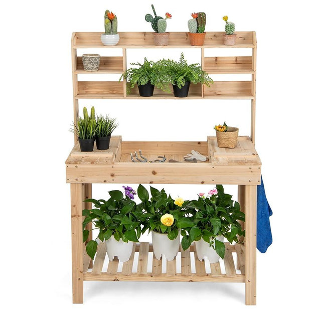 HAPPYGRILL Potting Bench Table, 60.5” Wood Workstation Workbench Table with Flip-Up Tabletop, Shelves & Hanging Hooks, Outdoor Flowerpot Bench, Farmhouse Bench Shelf for Patio Garden & Porch