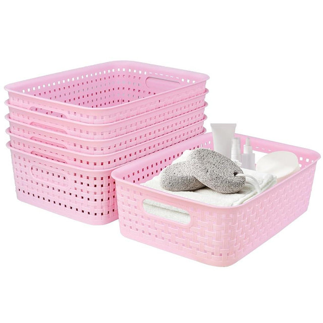 Plastic Storage Baskets, Small Pantry Baskets for Organizing, Woven Basket Organizer Basket Bins for Shelves, Organizer and Storage for Bathroom, Bedrooms, Kitchens (Pink 6pcs)