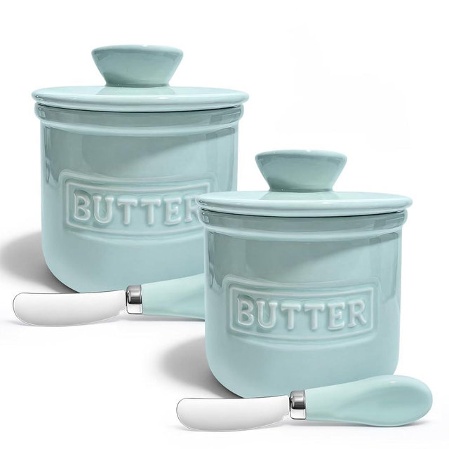 LonXFan Butter Crock with Lid for Kitchen Countertop – 2 Pack Ceramic French Butters Canister Airtight Butter Dish with Butter Knife for Keeping Butter Soft & Fresh, Kitchen Décor, Housewarming Gift