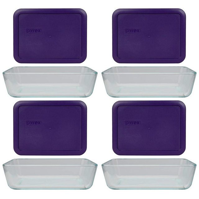 Pyrex (4 7210 Glass Dishes & (4) 7210-PC Plum Purple Lids Made in the USA