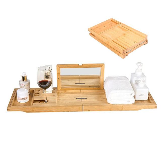 Bamboo Bathtub Caddy Tray, Foldable Bathtub Tray,Expandable Luxurious Bathtub Tray with Mirror and Mobile Phone Holder, Tablet Computer, Red Wine, Soap Box. a Unique Gift for Lover or Friend.