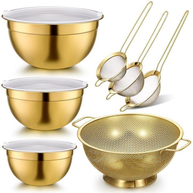Baderke 7 Pcs Gold Kitchen Accessories Includes 4 Quart Stainless Steel Gold Colander and 3 Pcs Fine Mesh Strainer, Size 1, 1.5, 2 Qt Mixing Bowls with Airtight Lids for Kitchen Baking Serving Food