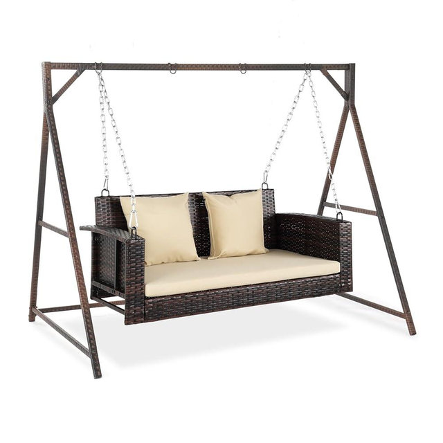 VINGLI Outdoor Wicker Porch Swing With Stand - Heavy Duty 800 LBS Rattan Hanging Set With Cushions, 4FT for Yard, Garden, Lawn, Brown