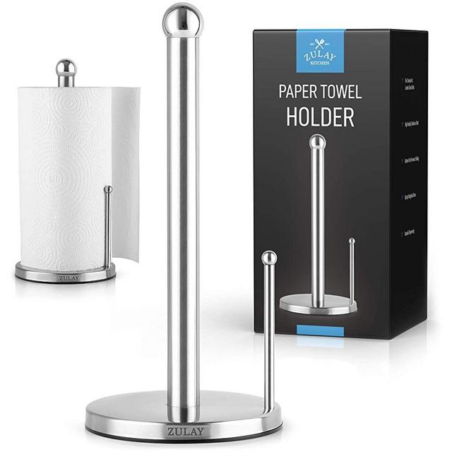 Zulay Stainless Steel Paper Towel Holder - Standing Paper Towel Holder Countertop Roll Dispenser for Standard & Large Sized Rolls - Easy One Handed Tear Paper Towel Holders for Kitchen & Dining Table
