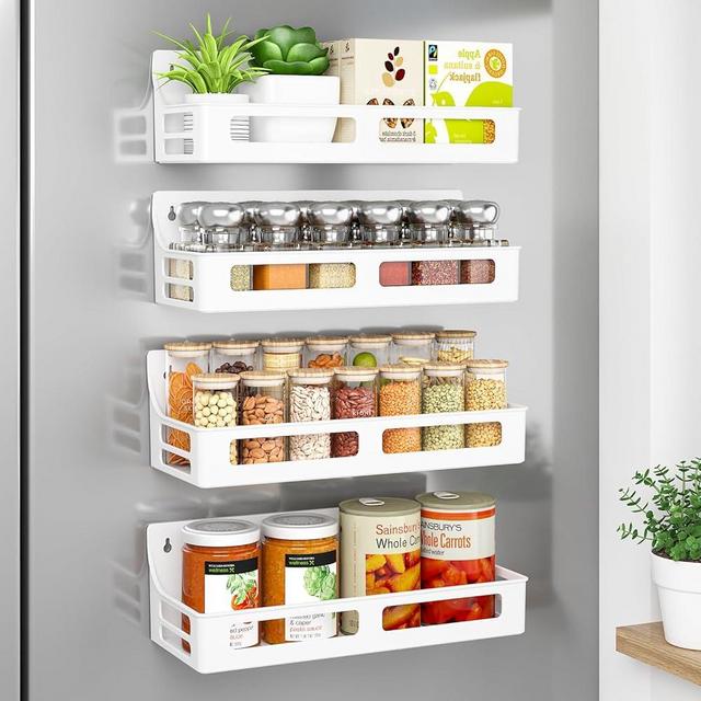 SAKFEP Magnetic Spice Rack for Refrigerator, 4 Pack Premium Plastic Spice Rack Organizer,Magnetic Fridge Shelf Seasoning Rack,Perfect Kitchen Organization and Storage (White)