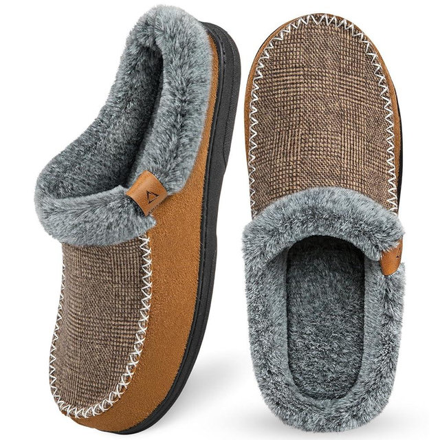ATHMILE Men's Slippers Slip On Moccasin, Indoor Outdoor Warm Fuzzy Comfy House Shoes, Fluffy Wide Loafer Home Bedroom Slippers