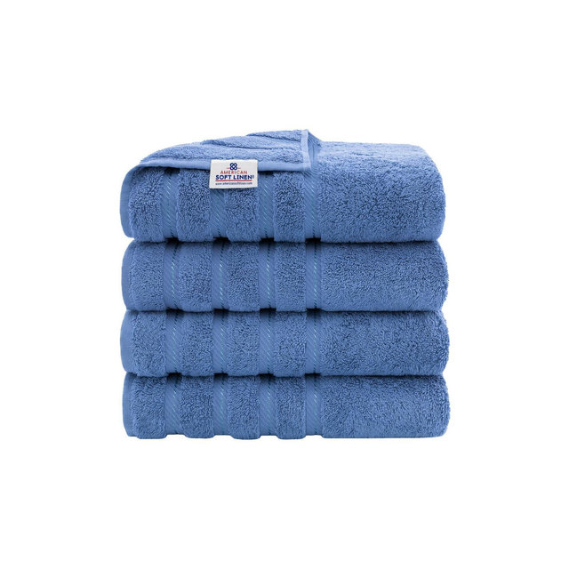 American Soft Linen 4 Pack Bath Towel Set, 100% Cotton, 27 inch by 54 inch Bath Towels for Bathroom, Electric Blue
