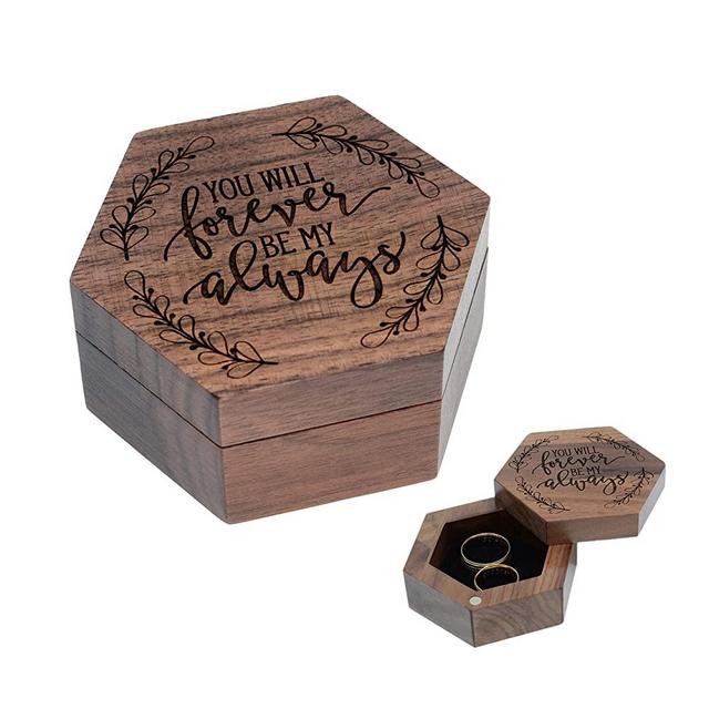 URBAN KRAFTS Wedding Ring Box for Ceremony, Ring Bearer Box, Wooden Hexagon with Rotating Lid Engraved (You Will Forever Be My Always)