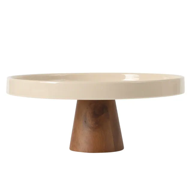 Gibson Elite 10.7-Inch Stoneware Cake Stand with Acacia Wood Base – Taupe Round Dessert Display Stand