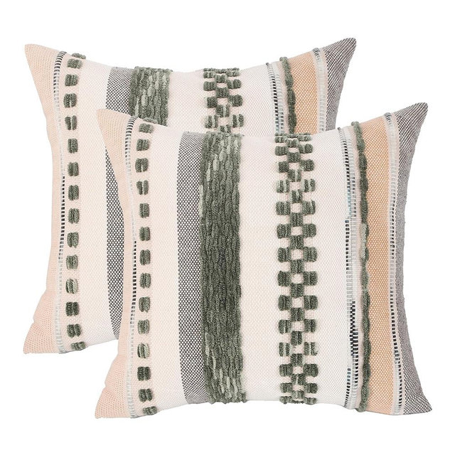 Tosleo Boho Dark Green Striped Throw Pillow Covers 18x18 Inch Set of 2 Decorative Chenille Pillowcases Square Cushion Covers for Sofa Couch Bed Living Room Farmhouse Decor