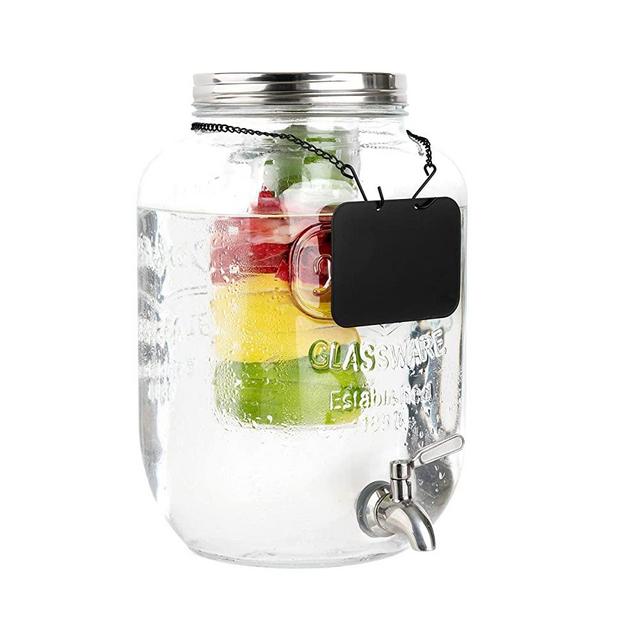 2 Gallon Glass Beverage Dispenser with Ice and Fruit Infusers, Stainless Steel Spigot, Chalkboard Label and Metal Lid, Wide Mouth Lemonade Drink Dispenser, Yorkshire Mason Jar, Kombucha Fermenting