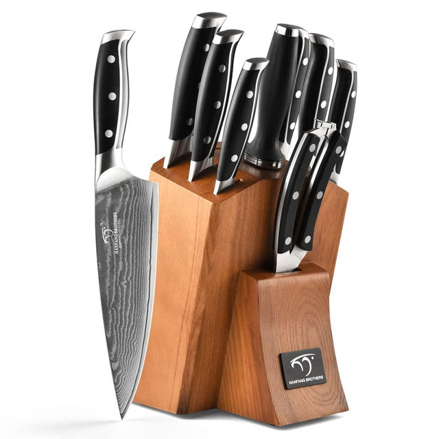 Damascus Knife Set for Kitchen, Kitchen Knife Set with Block, Damascus Steel VG10 with ABS Ergonomic Handle Included Chef Knife, Knife Sharpener and Kitchen Shears, 9 Pieces