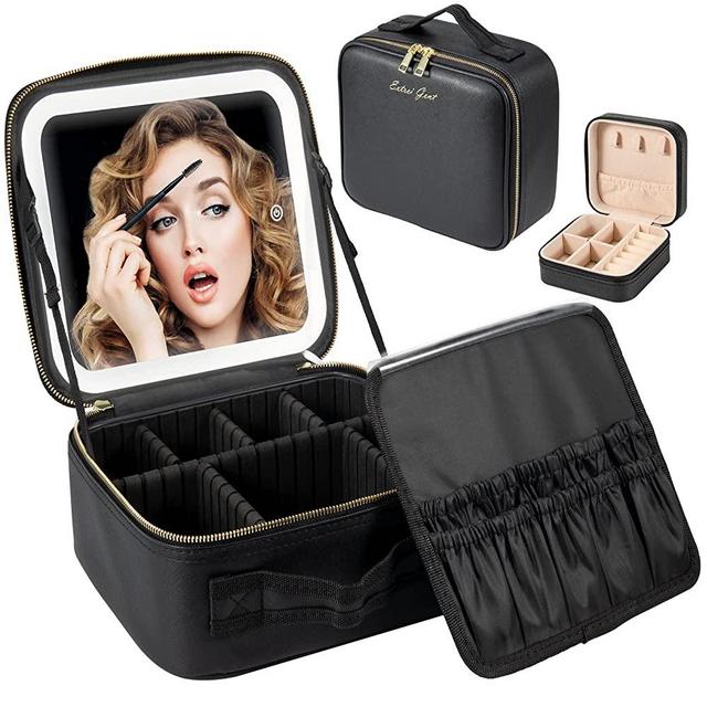 Extrei Gent Makeup Travel Train Case with Mirror LED Light 3 Adjustable Brightness Cosmetic Bag Portable Storage Adjustable Partition Waterproof Makeup Brushes Makeup Jewelry Gift for Women
