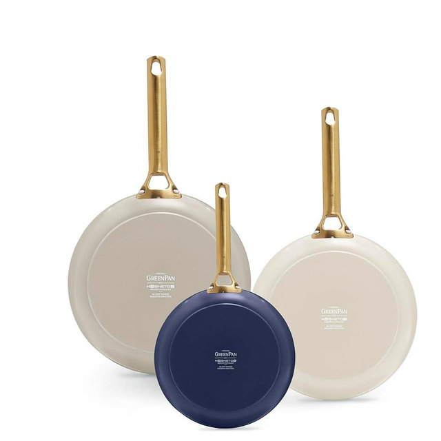 GreenPan Reserve 8” 10” and 12” Induction Suitable Frying Pan Set, Ceramic Nonstick Hard Anodized Skillets, PFAS & PFOA-Free, Dishwasher and Oven Safe, Gold Handles, Navy, Taupe, Cream Mixed Colors