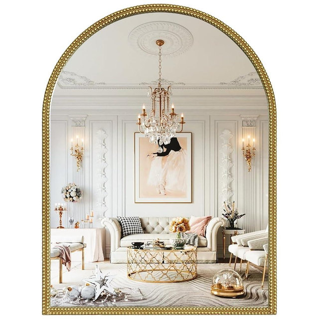 WallBeyond Gold Vintage Mirror for Vanity 24x32 Inch, Gold Antique Mirror with Ornate Beaded Frame for Bathroom, Living Room, Fireplace, Entryway