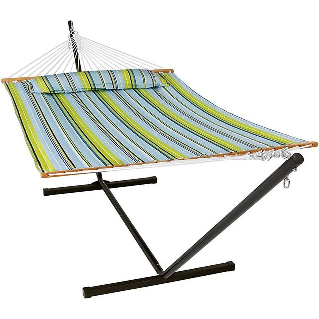 Sunnydaze Quilted Hammock with Stand 2 Person Heavy Duty - Double Hammock with 12 Foot Steel Stand for Backyard & Patio - 350 Pound Weight Capacity - Blue & Green