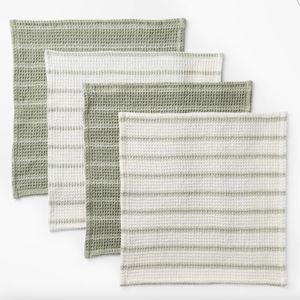 4pk Dish Cloth Set Green - Figmint™: Cotton Waffle Stripe Kitchen Towels for Washing Dishes, 12"x12" Summer Textiles